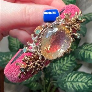 Vintage Pink Stingray Leather Sterling Silver Gold Citrine Emerald Cuff Bracelet
